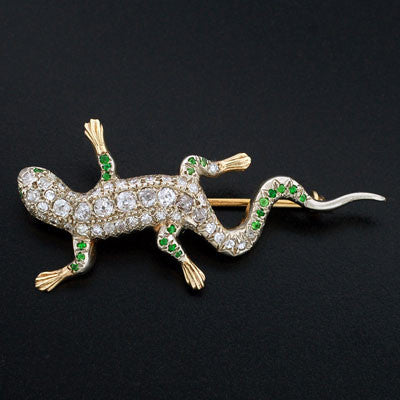 Edwardian 14kt Diamond & Demantoid Garnet Lizard Pin