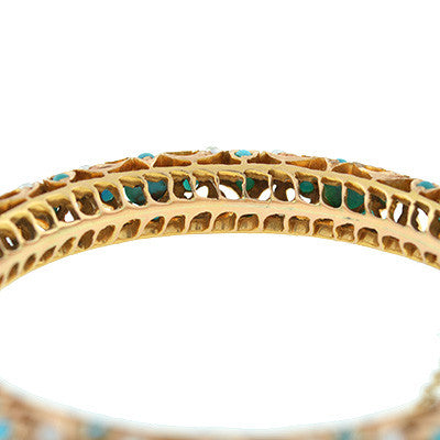 zz Vintage 14kt Indian Turquoise & Pearl Bangle Bracelet