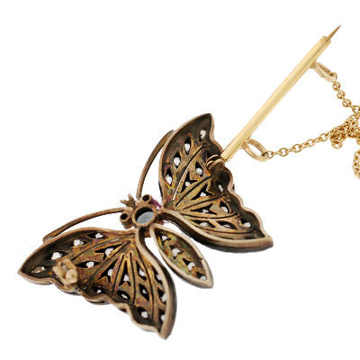 Victorian Sterling Silver & 14k Diamond Butterfly Pendant