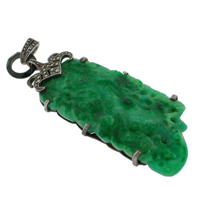 Art Deco Large Sterling Marcasite & Faux Jade Pendant