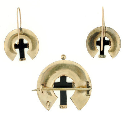 Victorian 15kt Onyx Cross & Enamel Earring & Pin Set