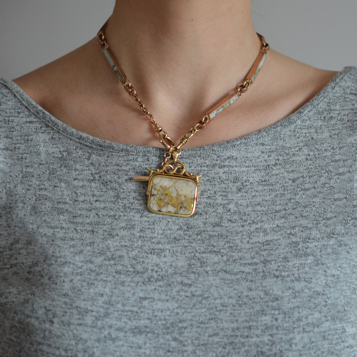 Victorian 14kt Inlaid Gold Quartz Watch Chain + Matching Spinner Fob