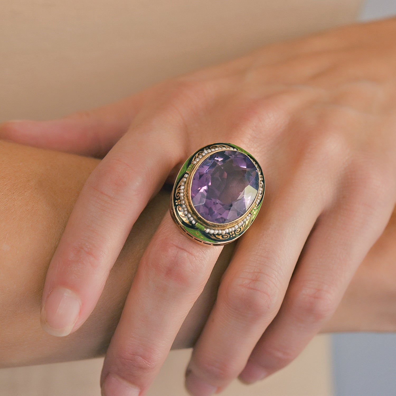 Art Deco Large 14kt Enameled Amethyst + Seed Pearl Ring