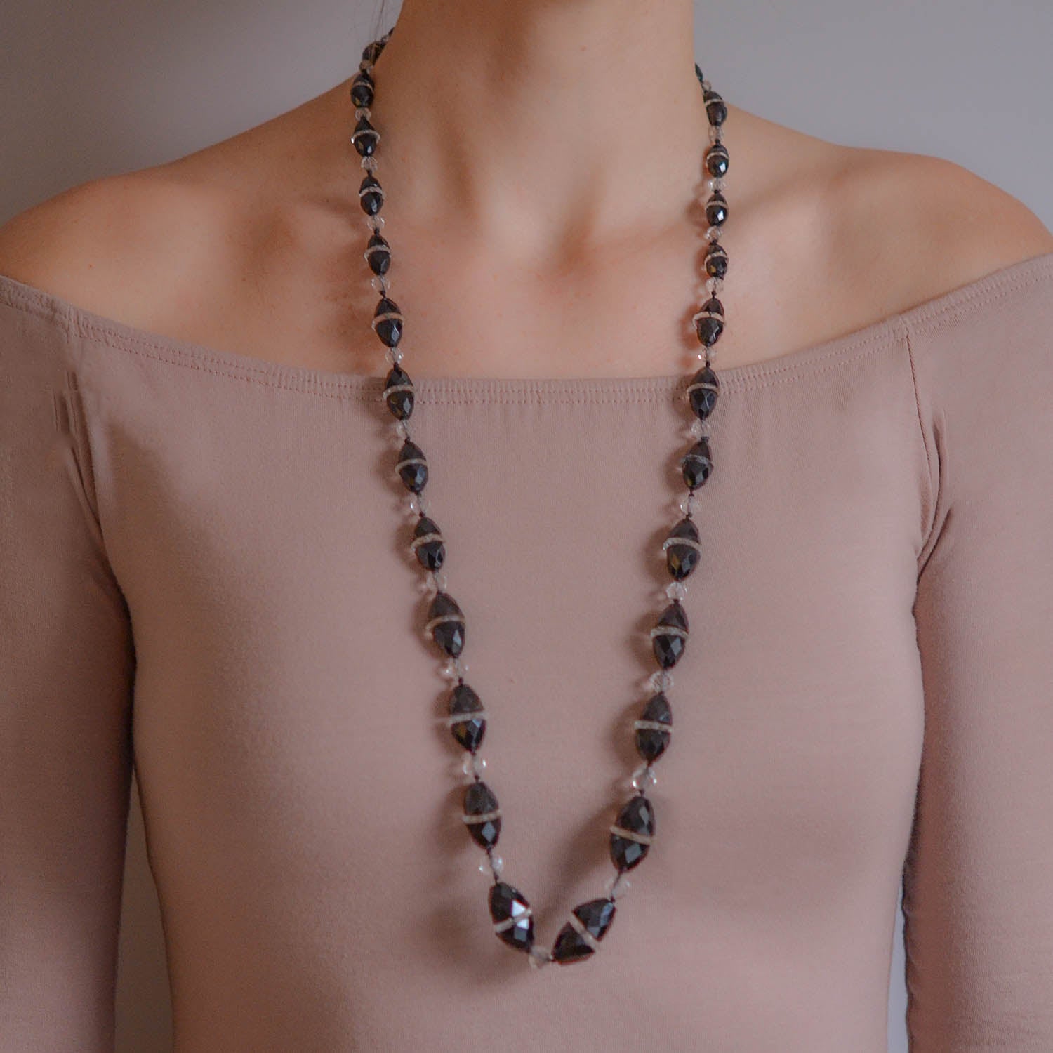 Art Deco Onyx + Rock Quartz Crystal Necklace 33"