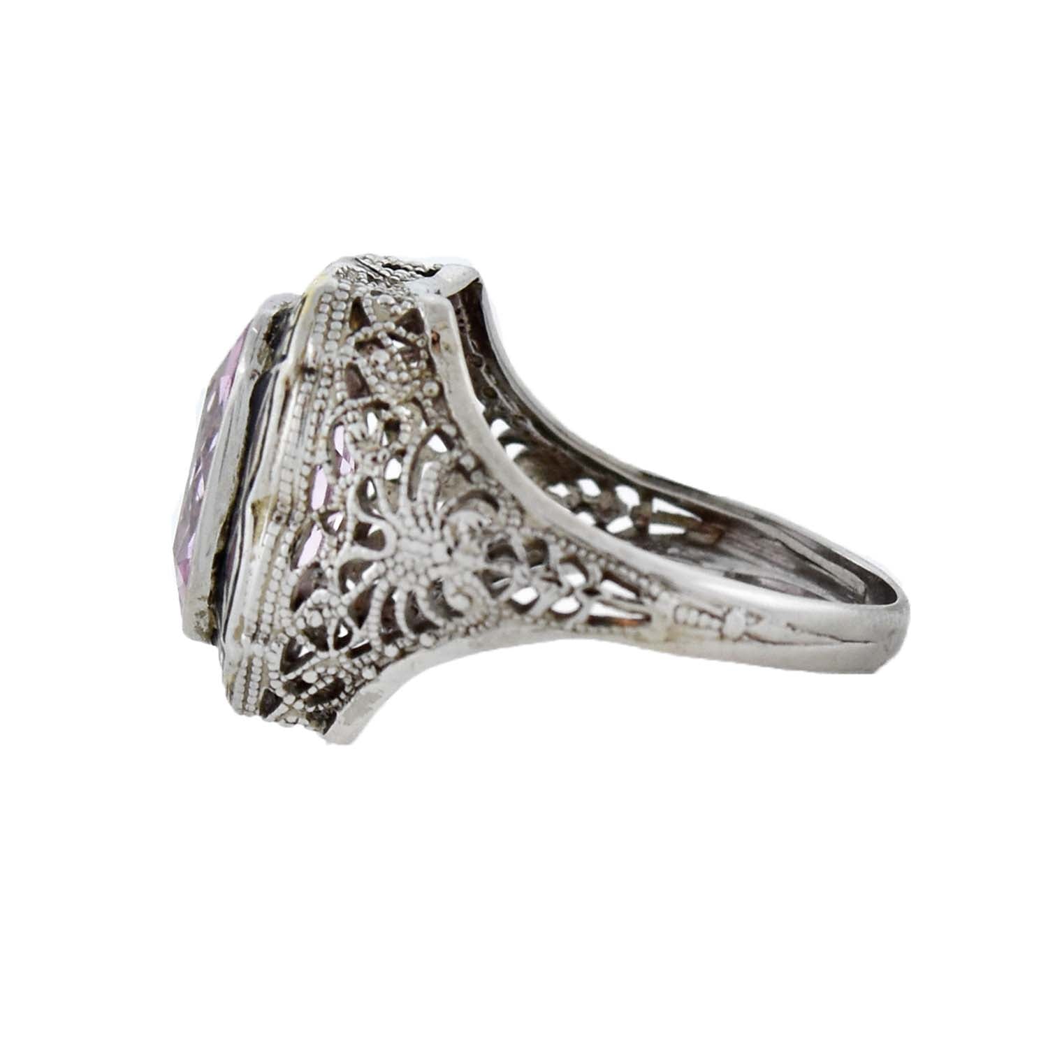 Art Deco 14kt Pink Sapphire + Enameled Filigree Ring