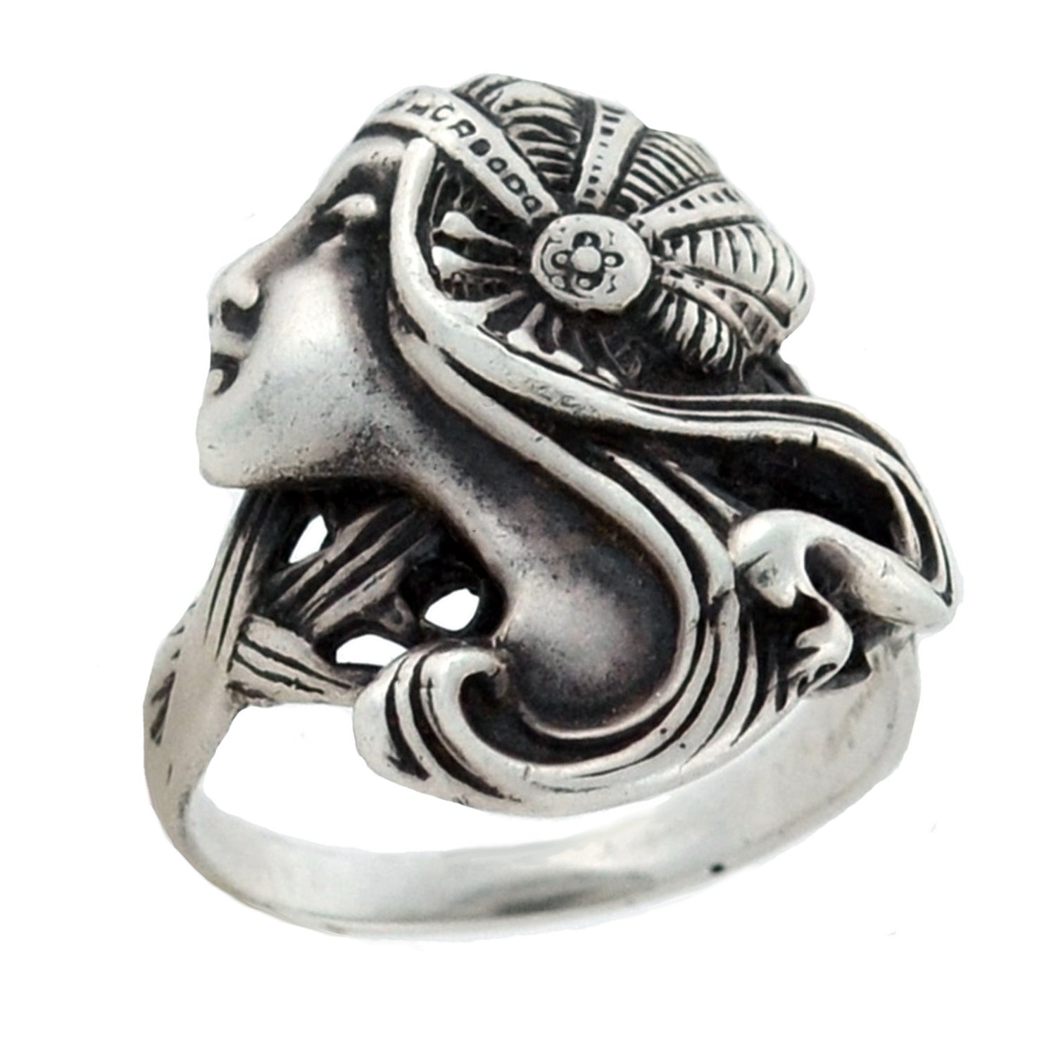 Art Nouveau Style Sterling Silver Lady in Profile Ring