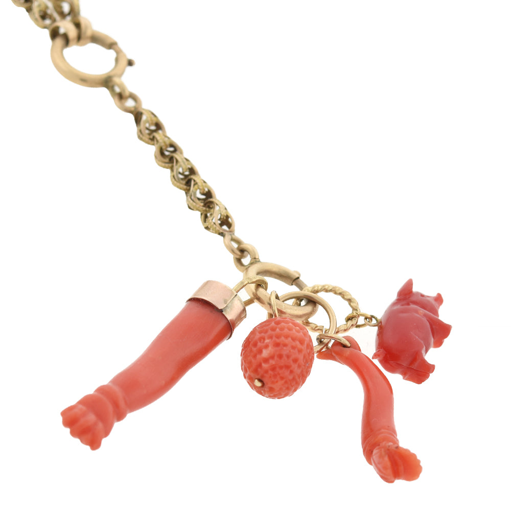 Victorian 14kt Hand Carved Coral Good Luck Multi-Charm Necklace 18.5"