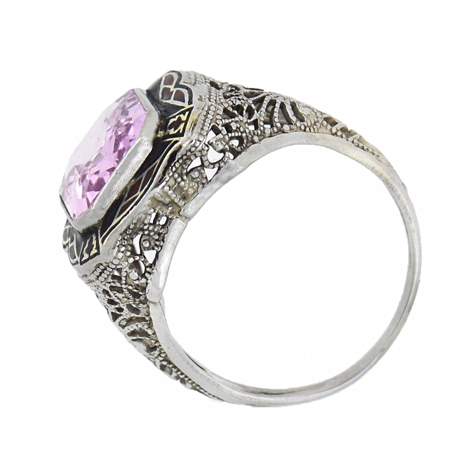 Art Deco 14kt Pink Sapphire + Enameled Filigree Ring