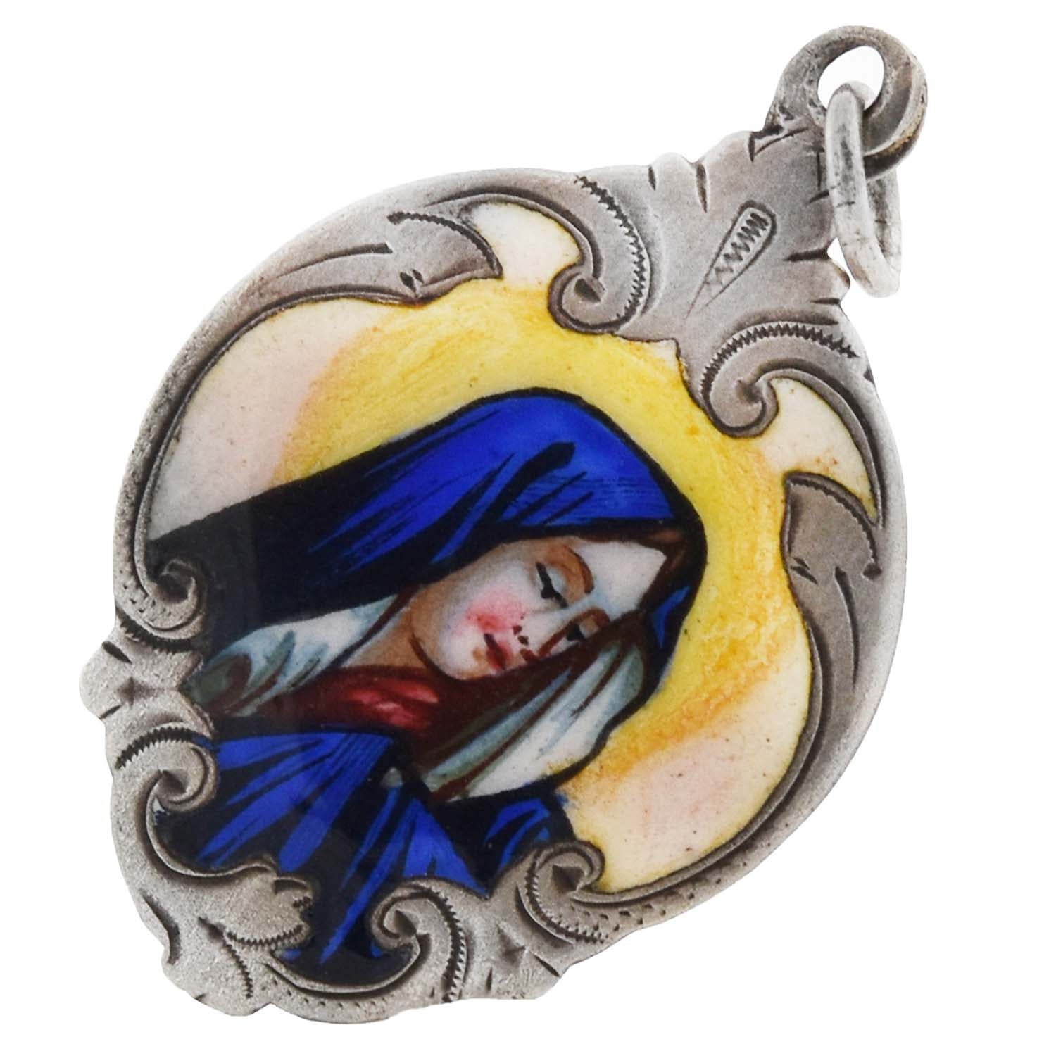 Victorian Sterling Hand Painted Enamel Virgin Mary Pendant