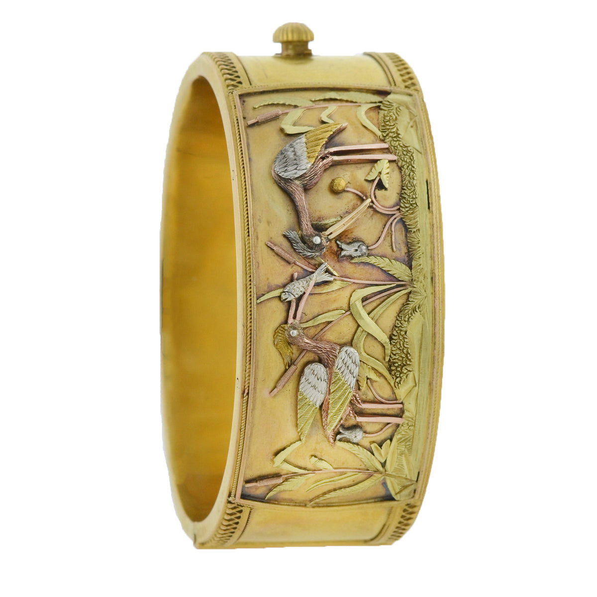 Victorian Signed 15kt Mixed Metals Aesthetic Movement Heron Bangle Bracelet