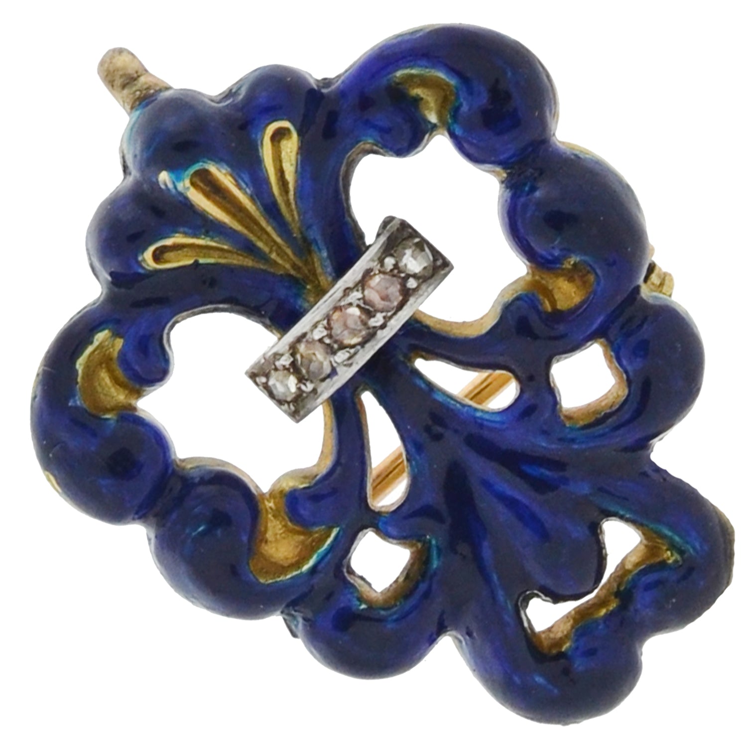 Victorian 14kt Blue Enameled Diamond "Fleur-de-Lys" Watch Pin