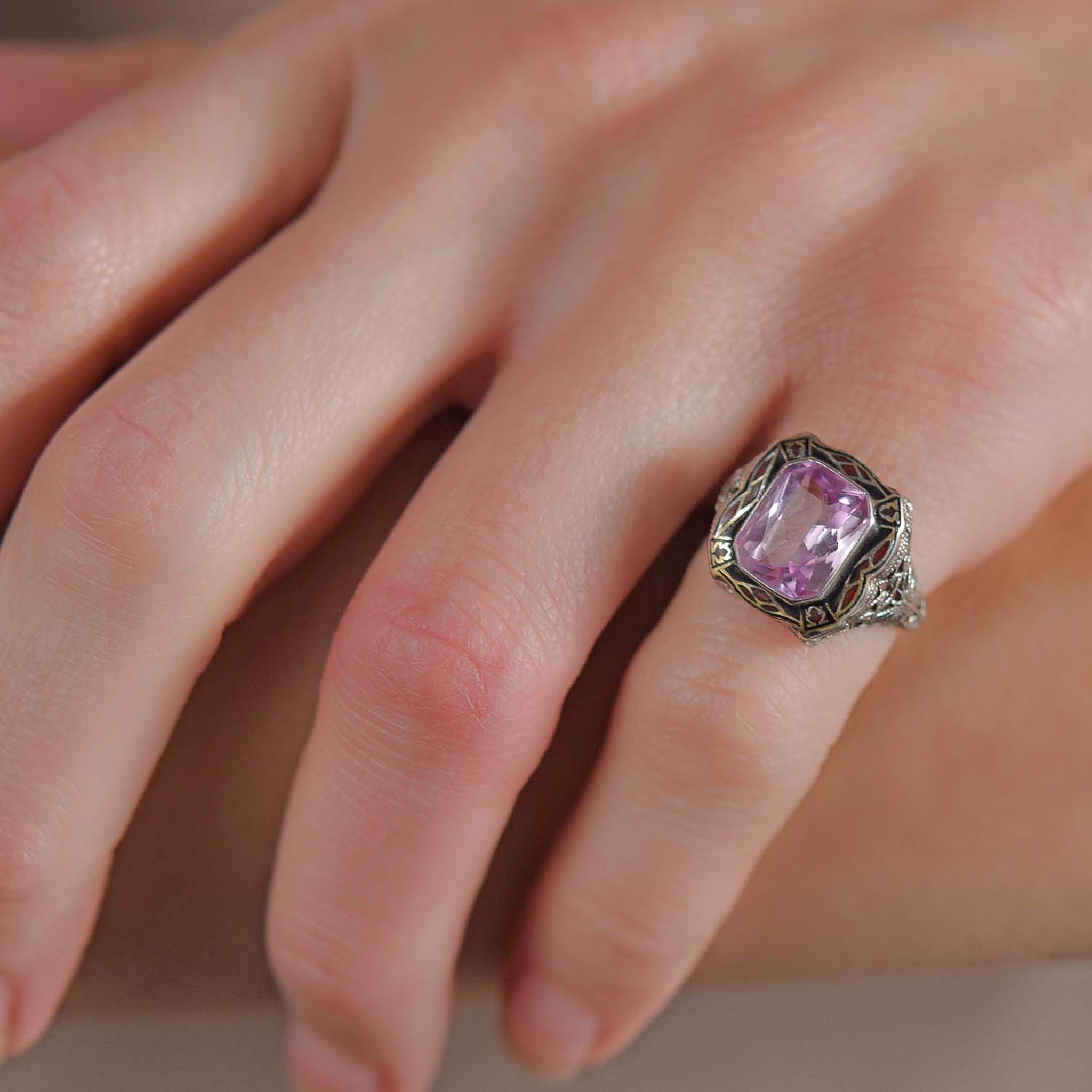 Art Deco 14kt Pink Sapphire + Enameled Filigree Ring