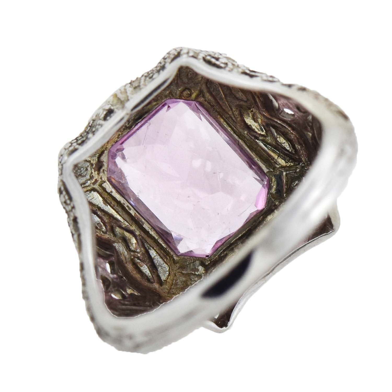 Art Deco 14kt Pink Sapphire + Enameled Filigree Ring